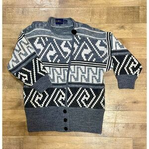 Vintage LeRoy Knitwear Geometric Retro Cardigan Sweater Gray Black 80s Taiwan SM